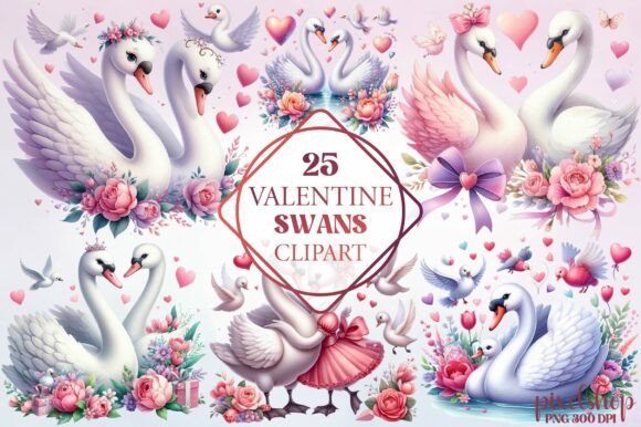 Watercolor Valentine Swans Clipart