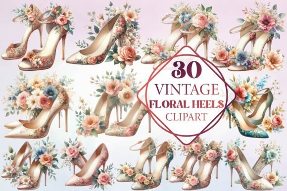 Watercolor Vintage Floral Heels Clipart for Branding and Design