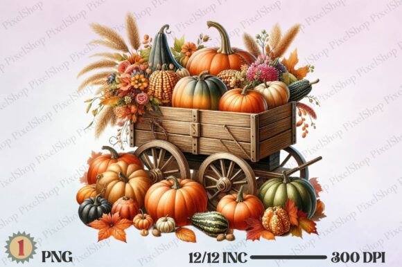 Watercolor Wagon with Pumpkins PNG