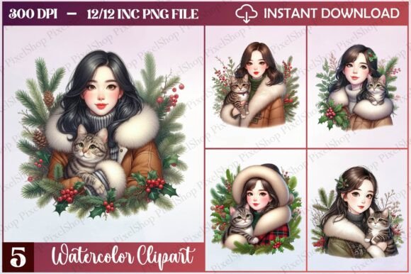 Watercolor Woman with Cat Clipart: A Design Asset with Whimsy and Soul